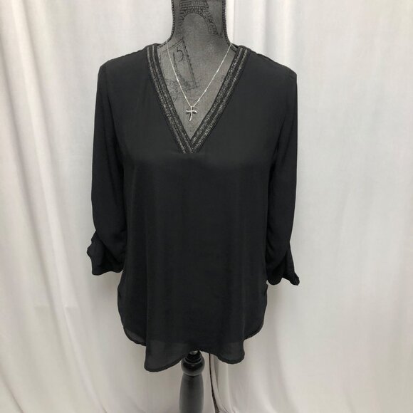 My Michelle Top Womens Medium Black Silver Metallic Sheer V Neck Long Sleeve - Picture 1 of 6